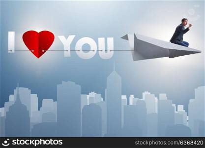 Romantic concept with man on paper plane I Love you