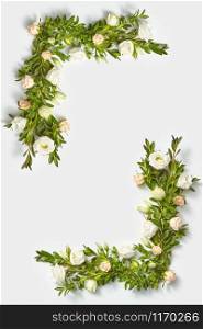 Romantic congratulation corner frame from roses flowers with evergreen branches of boxwood on a light grey background, copy space. Flat lay. Valentine&rsquo;s Day greeting card.. Vertical corner frame from evergreen boxwood twigs and roses.