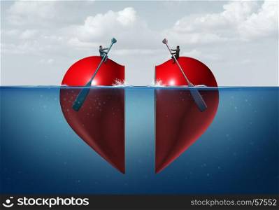 Romantic connection and relationship success as a man and a woman in the water on parts of a heart rowing towards each other as a sexual or deep emotional attraction with 3D illiustration elements.