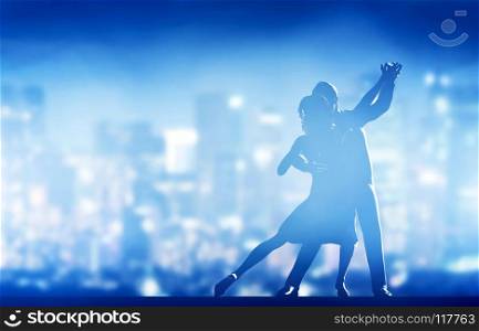 Romantic couple dance. Elegant classic pose. City nightlife background