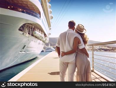 Romantic couple next to cruise ship on summer vacation holiday trip.AI Generative.