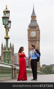 Romantic Couple on Westminster Bridge by Big Ben, London, England