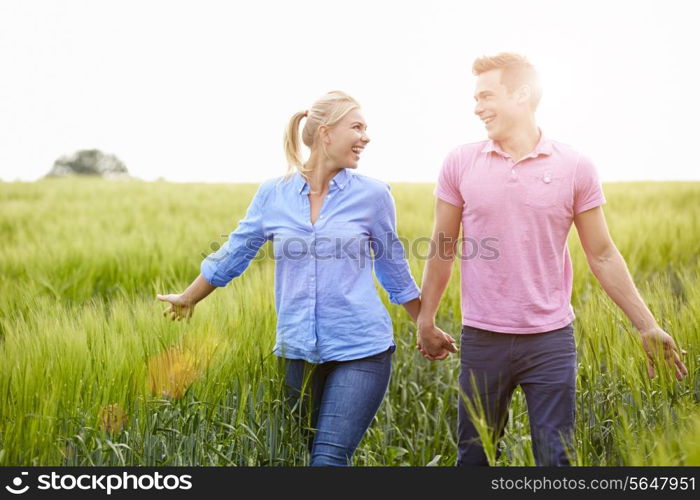 Romantic Couple Walking In Field Holding Hands