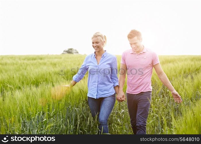 Romantic Couple Walking In Field Holding Hands