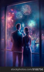 Romantic Couple Watching Fireworks from Balcony on Date. Generative ai. High quality illustration. Romantic Couple Watching Fireworks from Balcony on Date. Generative ai