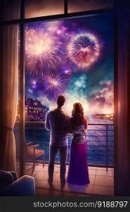 Romantic Couple Watching Fireworks from Balcony on Date. Generative ai. High quality illustration. Romantic Couple Watching Fireworks from Balcony on Date. Generative ai