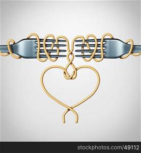 Romantic date concept and couple in love relationship symbol as two forks with spaghetti shaped as a valentine heart as a 3D illustration.