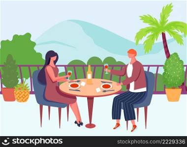 Romantic date on roof. Couple sitting at table and drinking wine. Man and woman relaxing on rooftop, having vacation. Love relationships, girlfriend and boyfriend resting together vector. Romantic date on roof. Couple sitting at table and drinking wine. Man and woman relaxing on rooftop, having vacation