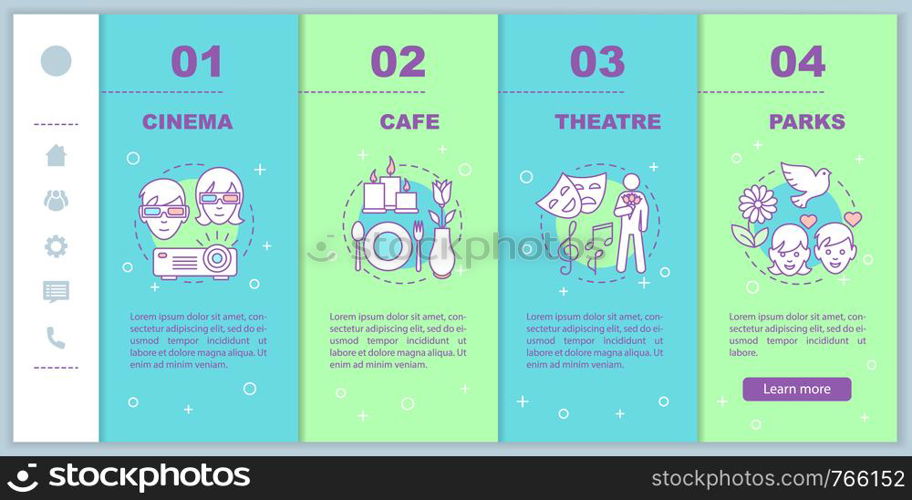 Romantic date onboarding mobile web pages vector template. Cinema, cafe, theatre, park date. Romantic relationships. Responsive smartphone website interface concept. Webpage walkthrough step screens. Romantic date onboarding mobile web pages vector template