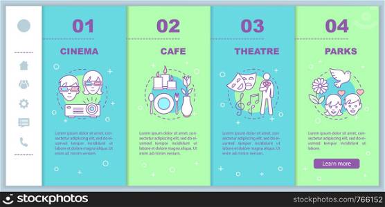 Romantic date onboarding mobile web pages vector template. Cinema, cafe, theatre, park date. Romantic relationships. Responsive smartphone website interface concept. Webpage walkthrough step screens. Romantic date onboarding mobile web pages vector template