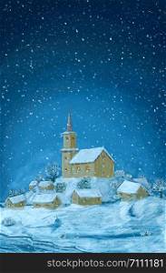 Romantic digital painting of snowy winter Christmas landscape. Village with small church on the hill and falling snow flakes. Blue vertical image.. Digital Painting of Snowy Christmas Winter Village with Small Church on the Hill