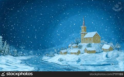 Romantic digital painting of snowy winter Christmas landscape. Village with small church on the hill and falling snow flakes. Blue horizontal image.. Digital Painting of Snowy Christmas Winter Village with Small Church on the Hill