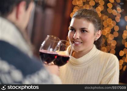 romantic evening date in restaurant happy young couple with wine glass tea and cake