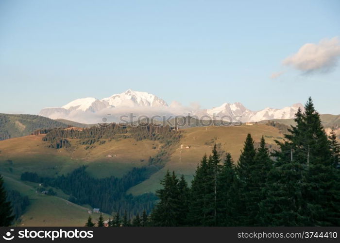 Romantic evening landscape in French Alps in summer