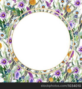 Romantic frame. Wildflowers in watercolor. Wedding concept with flowers. Floral poster, invitation. Watercolor arrangements for greeting card or invitation design. Romantic frame. Wildflowers in watercolor. Wedding concept with flowers. Floral poster, invitation. Watercolor arrangements for greeting card or invitation design. Round shape
