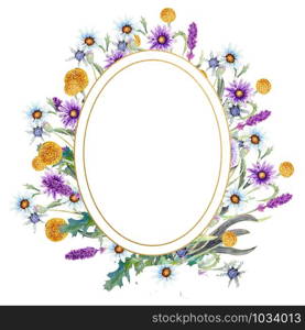 Romantic frame. Wildflowers in watercolor. Wedding concept with flowers. Floral poster, invitation. Watercolor arrangements for greeting card or invitation design. Romantic oval frame. Wildflowers in watercolor. Wedding concept with flowers. Floral poster, invitation. Watercolor arrangements for greeting card or invitation design.