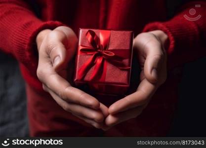 romantic gift for woman, male hands hold red gift box for female holiday day generative ai.