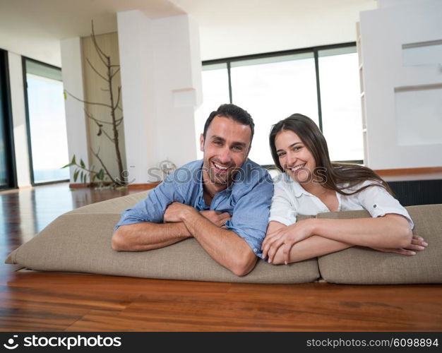 romantic happy young couple relax at modern home indoors