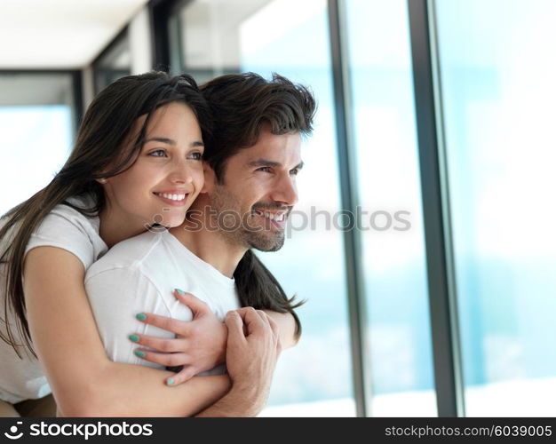 romantic happy young couple relax at modern home indoors and have fun