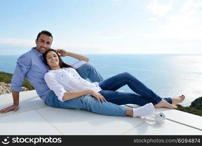 romantic happy young couple relax at modern home outdoors