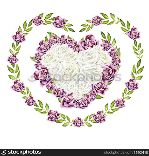 Romantic illustrations for Valentines Day. Watercolor card with flowers in a heart shape.