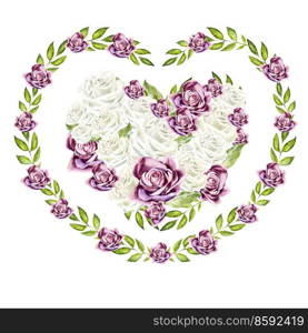 Romantic illustrations for Valentines Day. Watercolor card with flowers in a heart shape.