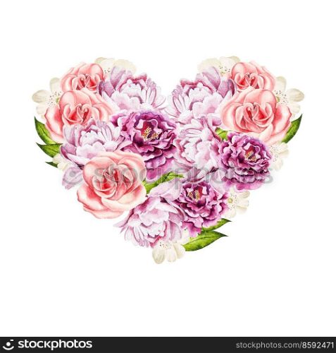 Romantic illustrations for Valentines Day. Watercolor card with flowers in a heart shape.