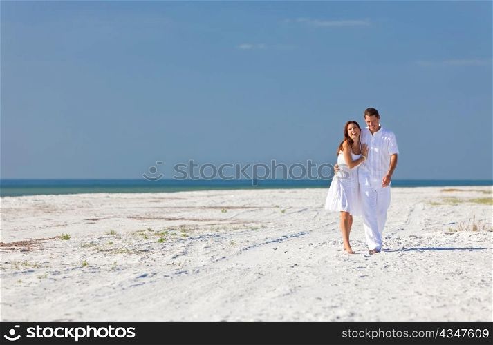 Romantic Man & Woman Couple Walking on An Empty Beach