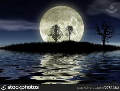 Romantic night. Island with dense vegetation, trees and the fantastic moon.