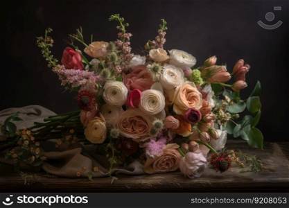 romantic old-fashioned bouquet of delicate blooms, created with generative ai. romantic old-fashioned bouquet of delicate blooms