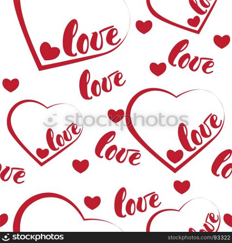 Romantic red love and heart pattern background. illustration for holiday design. Many flying words love on white background. Romantic red heart background. illustration for holiday design. Many flying hearts on white background. For wedding card, valentine day greetings, lovely frame.