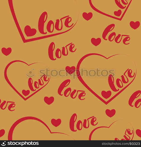 Romantic red love and heart pattern background. illustration for holiday design. Many flying words love on white background. Romantic red heart background. illustration for holiday design. Many flying hearts on white background. For wedding card, valentine day greetings, lovely frame.