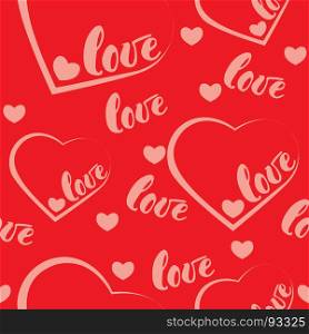 Romantic red love and heart pattern background. Vector illustration for holiday design. Many flying words love on white background. Romantic red heart background. Vector illustration for holiday design. Many flying hearts on white background. For wedding card, valentine day greetings, lovely frame.