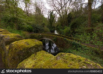 Romantic scene of a stone wall with moss, old bridge and water stream in Jesmond Dene park on a spring afternoon in Newcastle-upon-Tyne, UK
