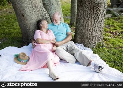 Romantic senior couple relaxes outdoors in the park.
