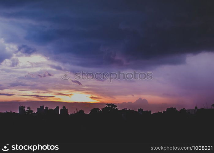 Romantic sunset sky with fluffy clouds and beautiful heavy weather landscape for use as background images and illustrations.