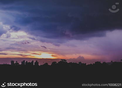 Romantic sunset sky with fluffy clouds and beautiful heavy weather landscape for use as background images and illustrations.