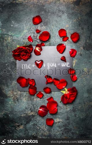 Romantic Valentines day card with red roses, petal,heart and text , top view composing