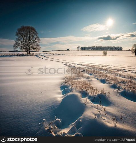 romantic white snowy path in a winter landscape illuminated by the morning sun created by generative AI