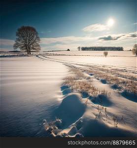 romantic white snowy path in a winter landscape illuminated by the morning sun created by generative AI