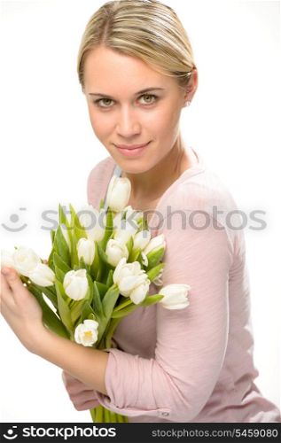 Romantic woman hold bouquet of white tulip flowers isolated