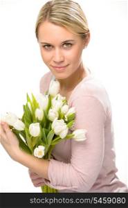 Romantic woman hold bouquet of white tulip flowers isolated