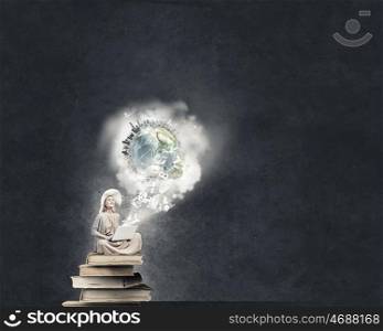 Romantic woman using laptop. Woman in dress and hat sitting on books and working on laptop. Elements of this image are furnished by NASA