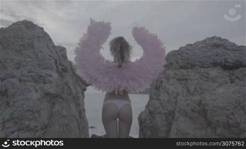 Romantic young beauty as an angel between the rocks. Back view of blonde pretty female woman wearing pink wings and bikni bottom standing between the rocks over sea and sky background - video in slow motion