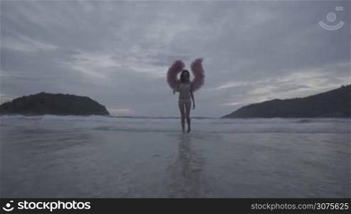Romantic young beauty as an angel on the beach. Blonde pretty female woman wearing pink wings, feather bra and bikni bottom smiling and walking in the sea over sky background - video in slow motion