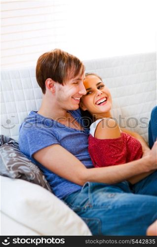 Romantic young couple in love enjoying themselves at home&#xA;