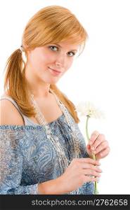 Romantic young woman hold flower gerbera daisy on white