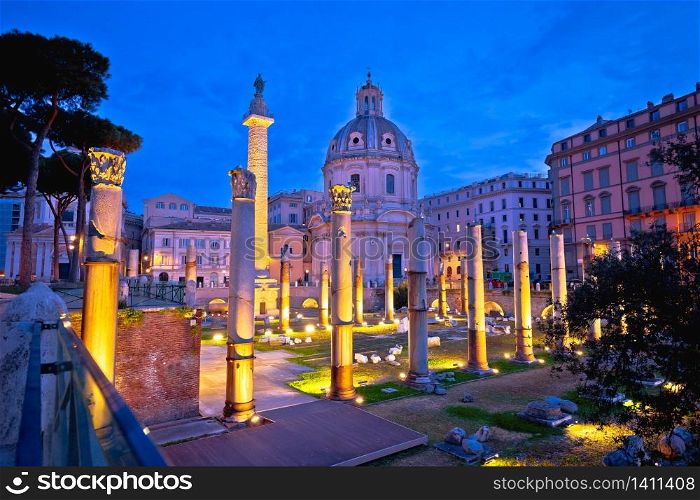 Rome. Ancient Trajans Forum square of Rome dawn view, capital city of Italy