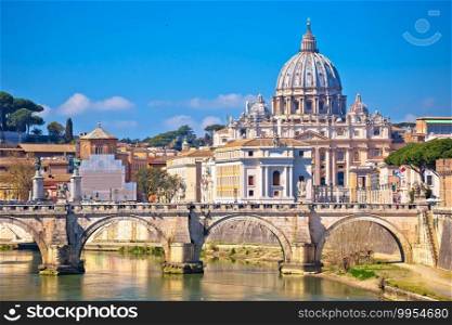 Rome and Vatican. Tiber river bridge od Saint Angelo and Basilica of Saint Peter in Rome view, eternal city in Italy