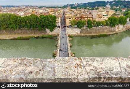 Rome. Bridge of the Holy Angels.. Sant&rsquo;Angelo bridge across the river Tiber in the night light. Rome. Italy.